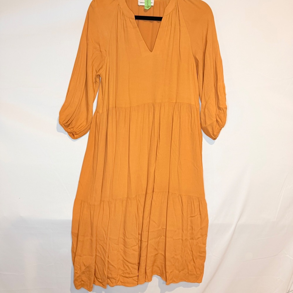 Gibson Latimer Womens S Orange Tiered Midi Dress Long Balloon Sleeve V-Neck Boho